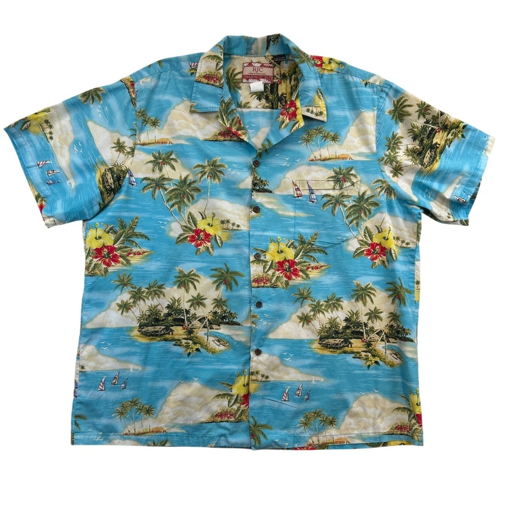 RJC Hawaiian Shirt Mens 2XL Aloha Beach Scene SS Button Up Made in‎ Hawaii USA